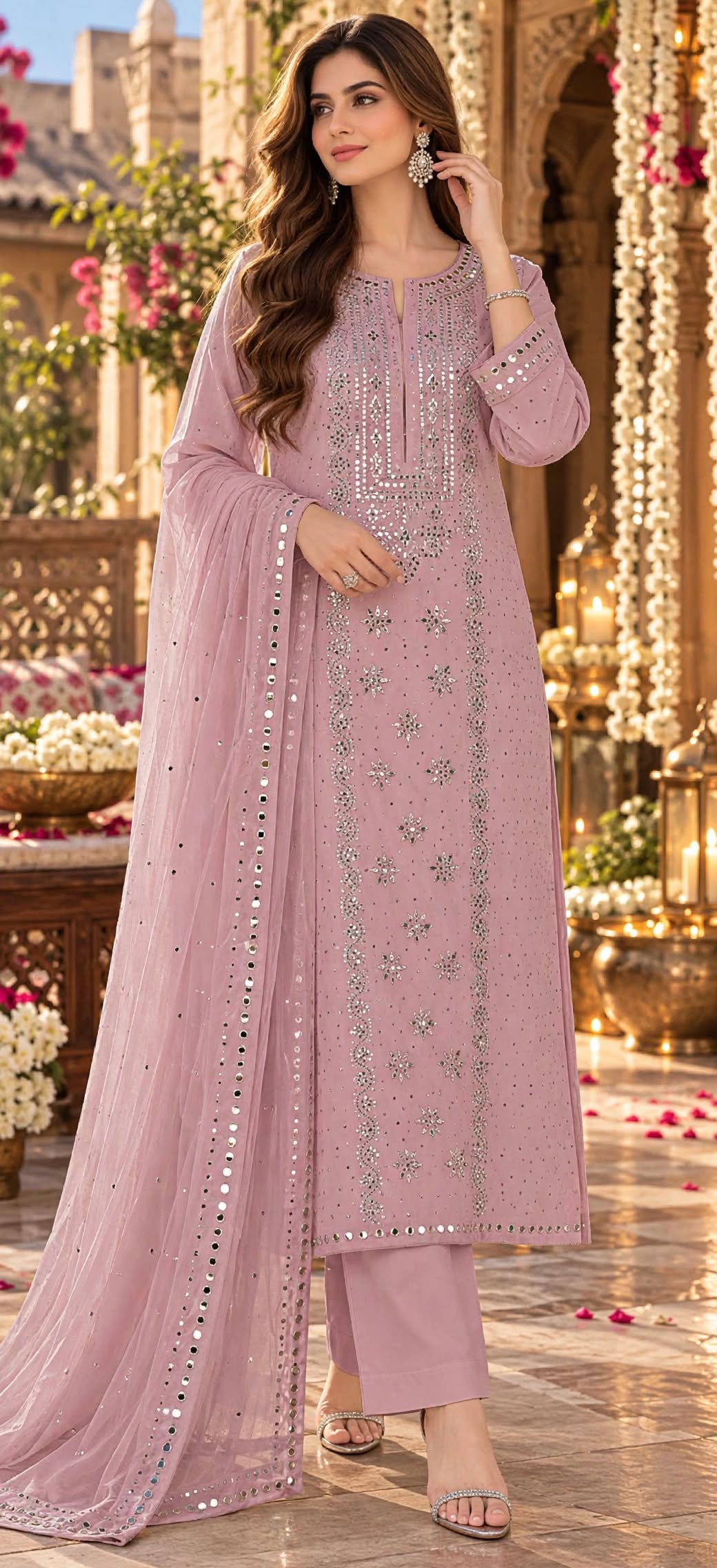 Dusty Pink - Kamdani Makesh Work - Soft Chiffon - 3-Piece Unstitched Suit