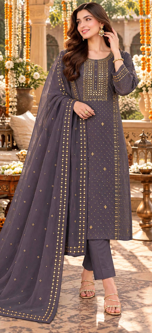 Plum - Kamdani Makesh Work - Soft Chiffon - 2-Piece Unstitched Suit