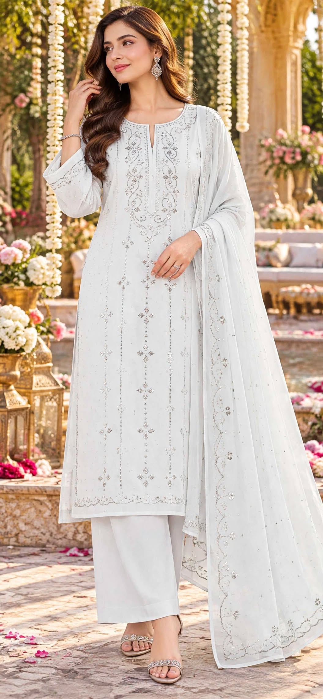 White - Kamdani Makesh Work - Soft Chiffon - 3-Piece Unstitched Suit