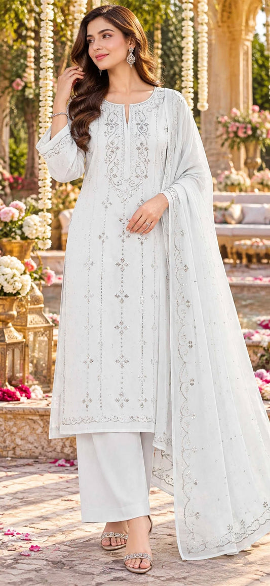 White - Kamdani Makesh Work - Soft Chiffon - 3-Piece Unstitched Suit