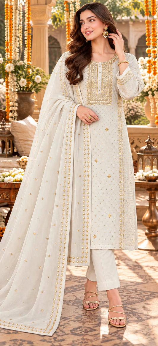 White - Kamdani Makesh Work - Soft Chiffon - 2-Piece Unstitched Suit