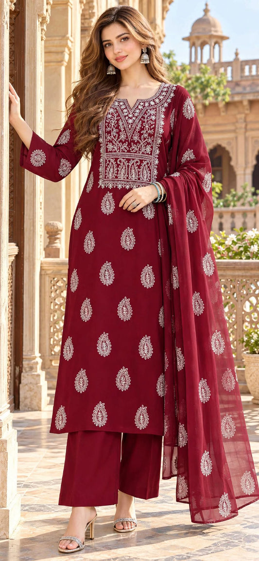 Cherry Red - Marjan - Hand Embroidered - 2 Piece - Unstitched - Chiffon Suit