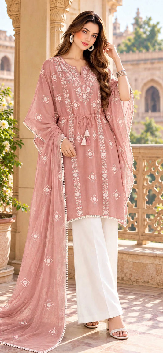 Peach - Aura - Hand Embroidered - 3 Piece - Unstitched - Chiffon Suit