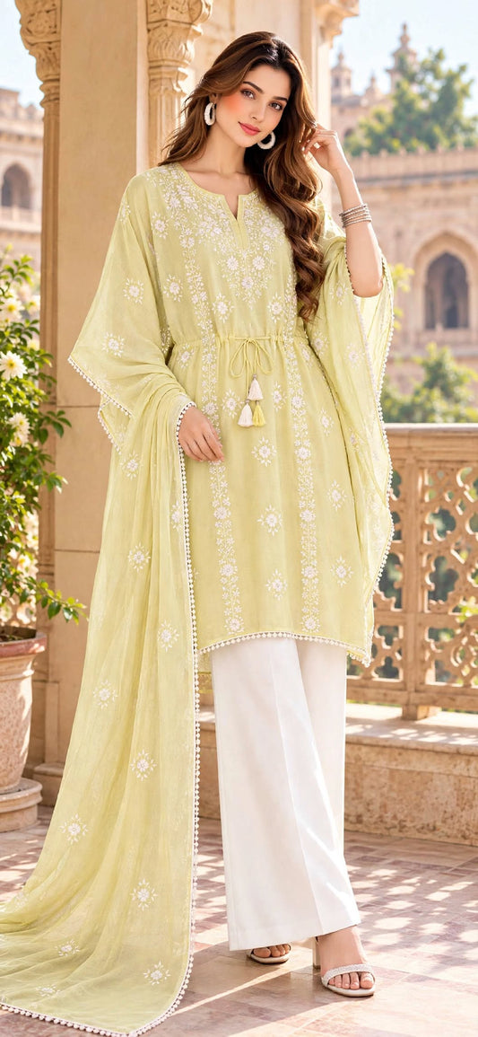 Lemon Yellow - Aura - Hand Embroidered - 3 Piece - Unstitched - Chiffon Suit