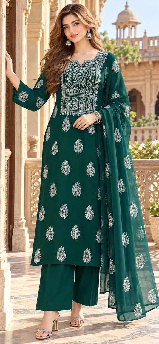 Bottle Green - Marjan - Hand Embroidered - 2 Piece - Unstitched - Chiffon Suit