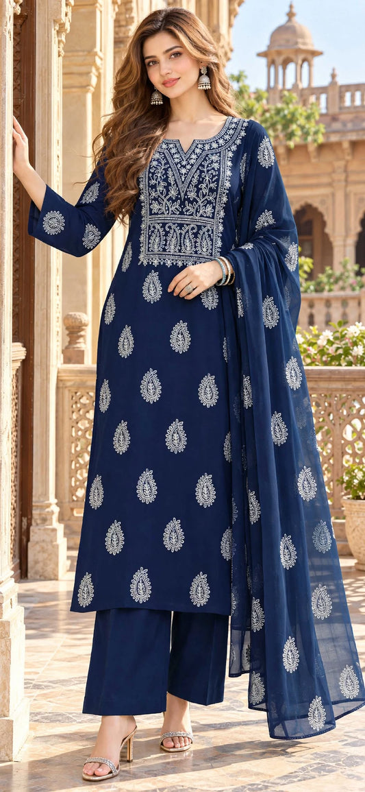Navy Blue - Marjan - Hand Embroidered - 2 Piece - Unstitched - Chiffon Suit