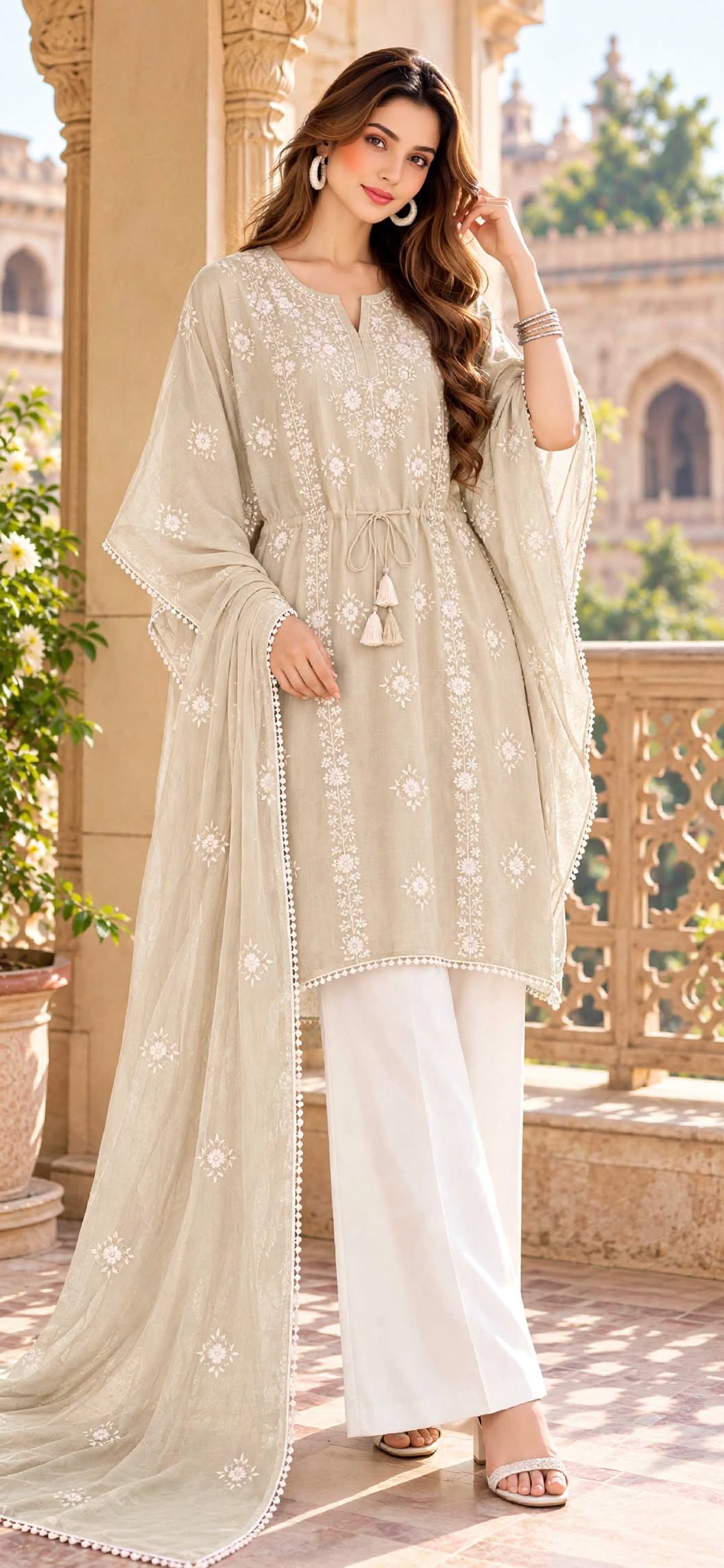 Beige - Aura - Hand Embroidered - 3 Piece - Unstitched - Chiffon Suit