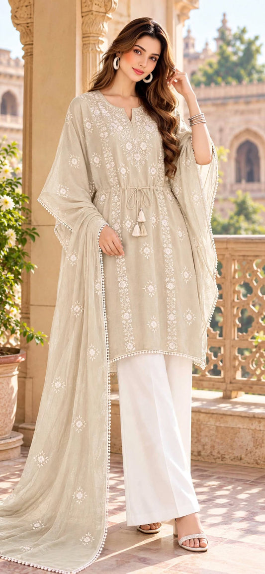 Beige - Aura - Hand Embroidered - 3 Piece - Unstitched - Chiffon Suit