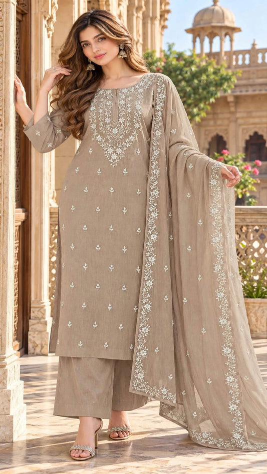 Ivory - Goher - Hand Embroidered - 3 Piece - Unstitched - Chiffon Suit