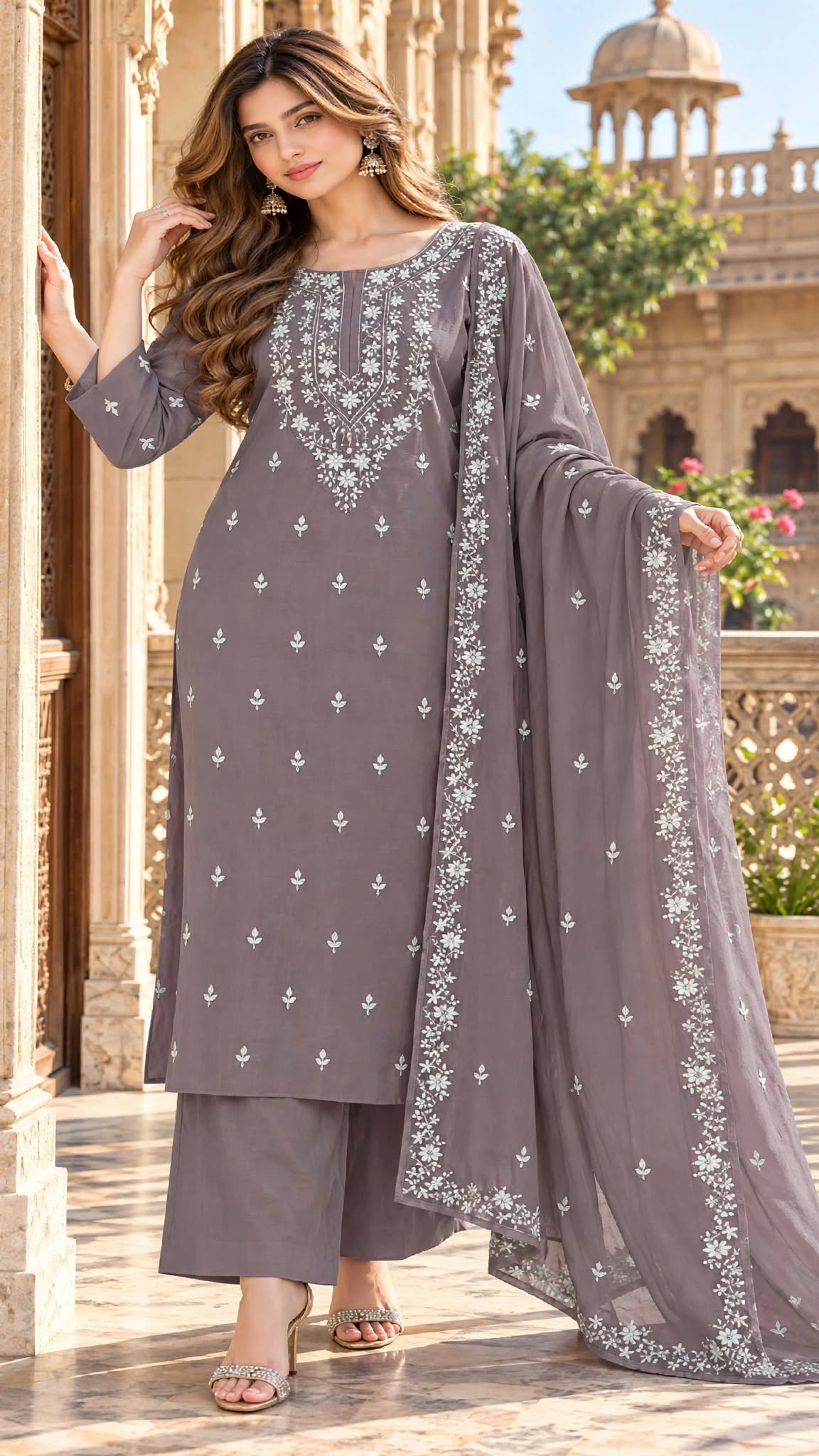 Dusty Lavender - Goher - Hand Embroidered - 3 Piece - Unstitched - Chiffon Suit