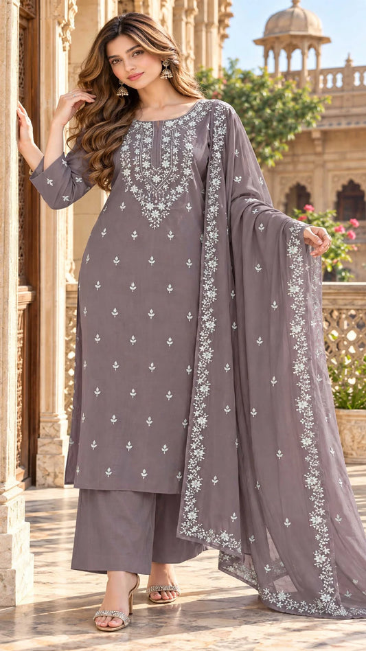 Dusty Lavender - Goher - Hand Embroidered - 3 Piece - Unstitched - Chiffon Suit