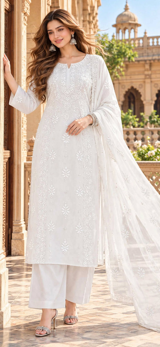 White  - Sheesh Bagh - Embroidered 3-Piece Unstitched Chiffon Suit