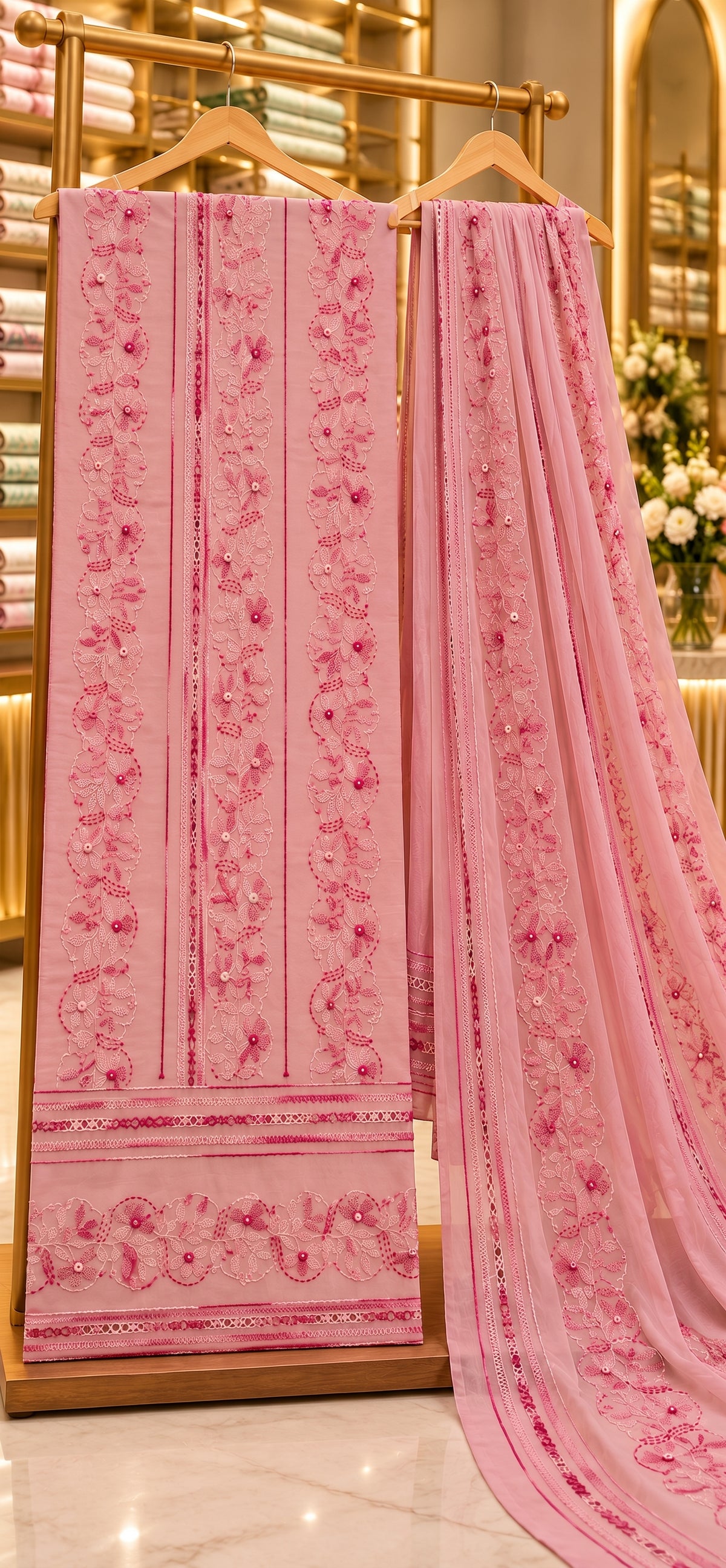 Pink - Tarkashi Gulistan - Embroidered 3-Piece Unstitched Chiffon Suit
