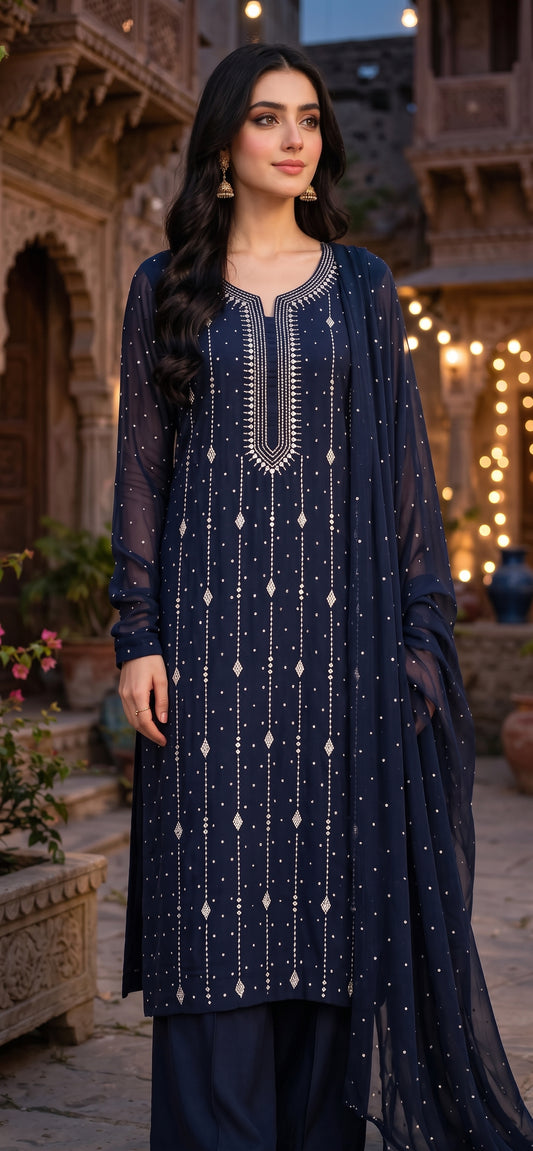 Navy Blue - Makesh Work - Soft Chiffon - 2-Piece Unstitched Suit