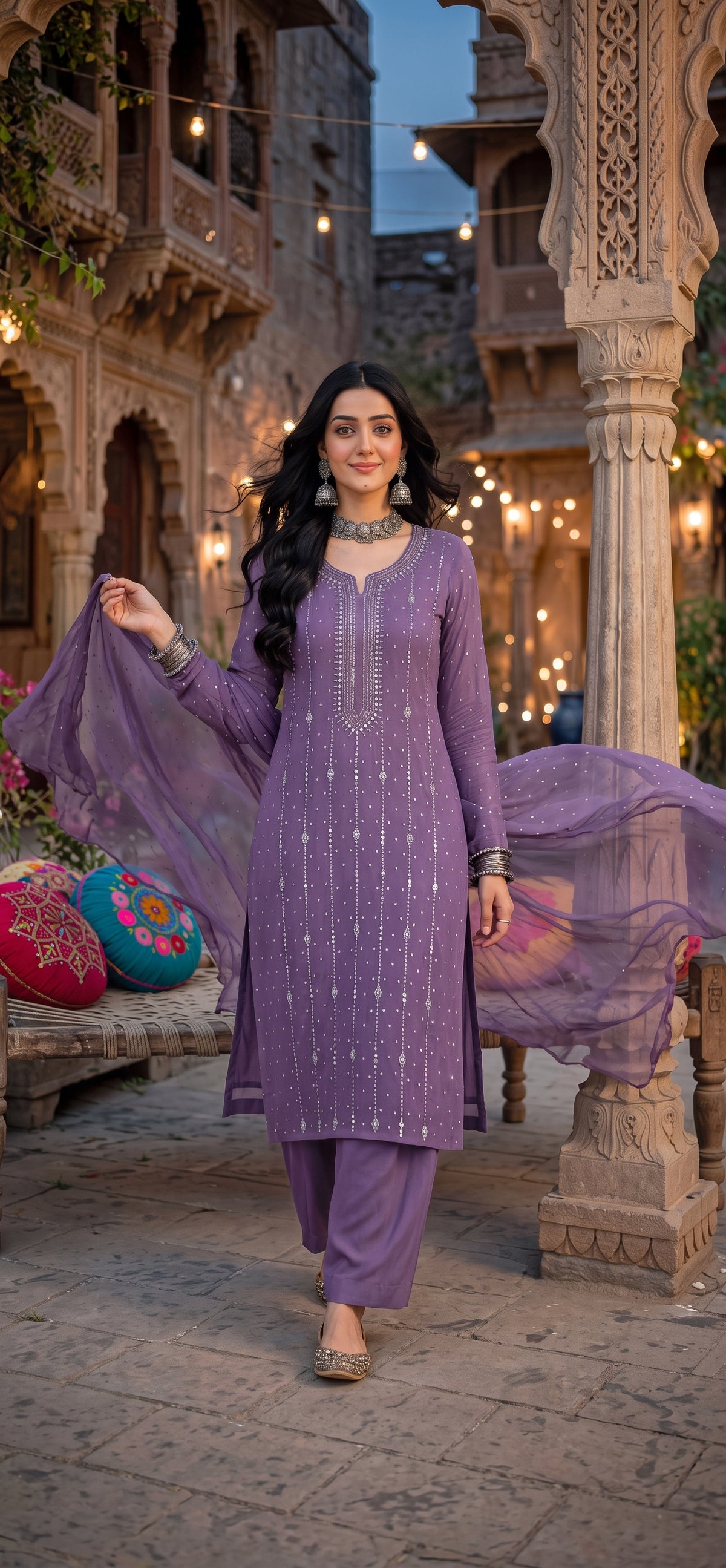 Lavender- Kamdani Makesh Work - Soft Chiffon - 3-Piece Unstitched Suit