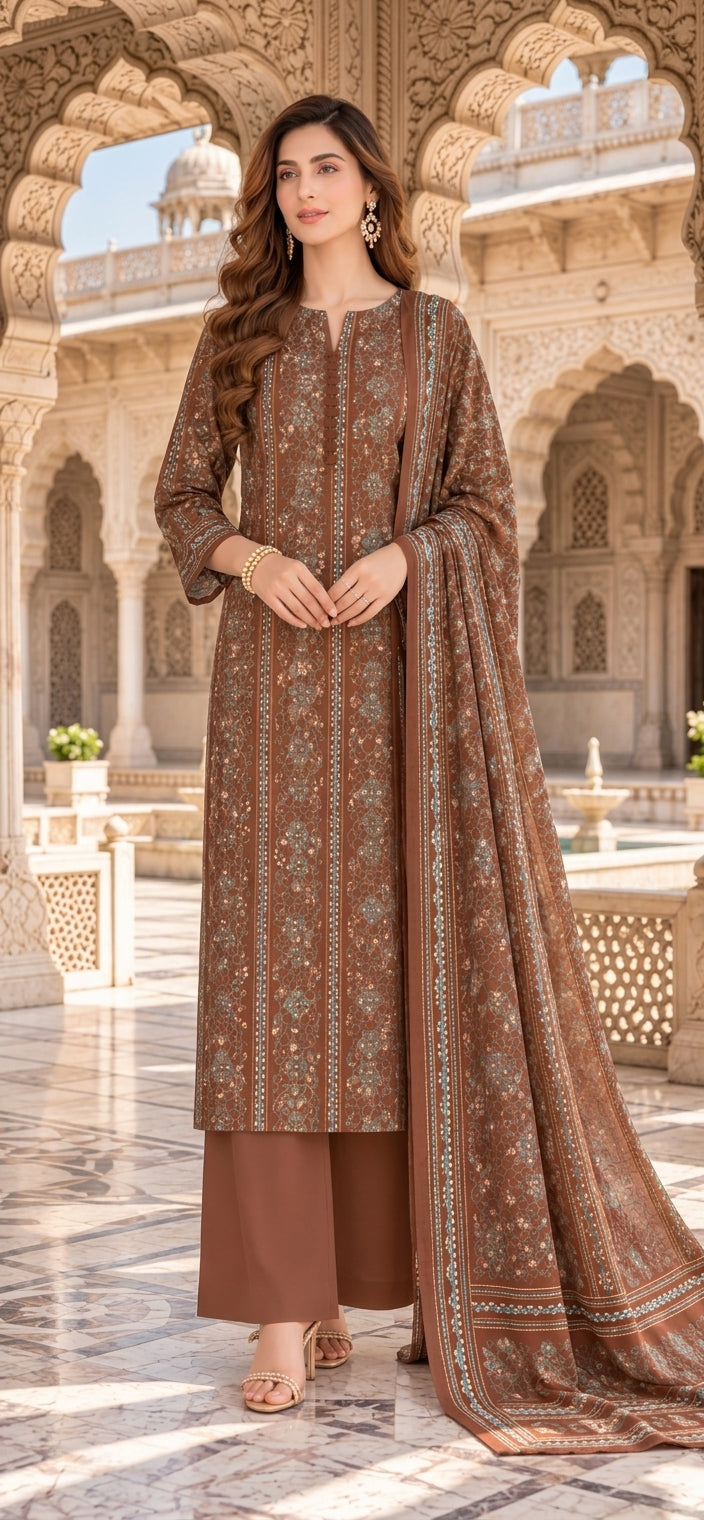 Mocha Brown - Tarkashi Gulistan - Embroidered 3-Piece Unstitched Chiffon Suit
