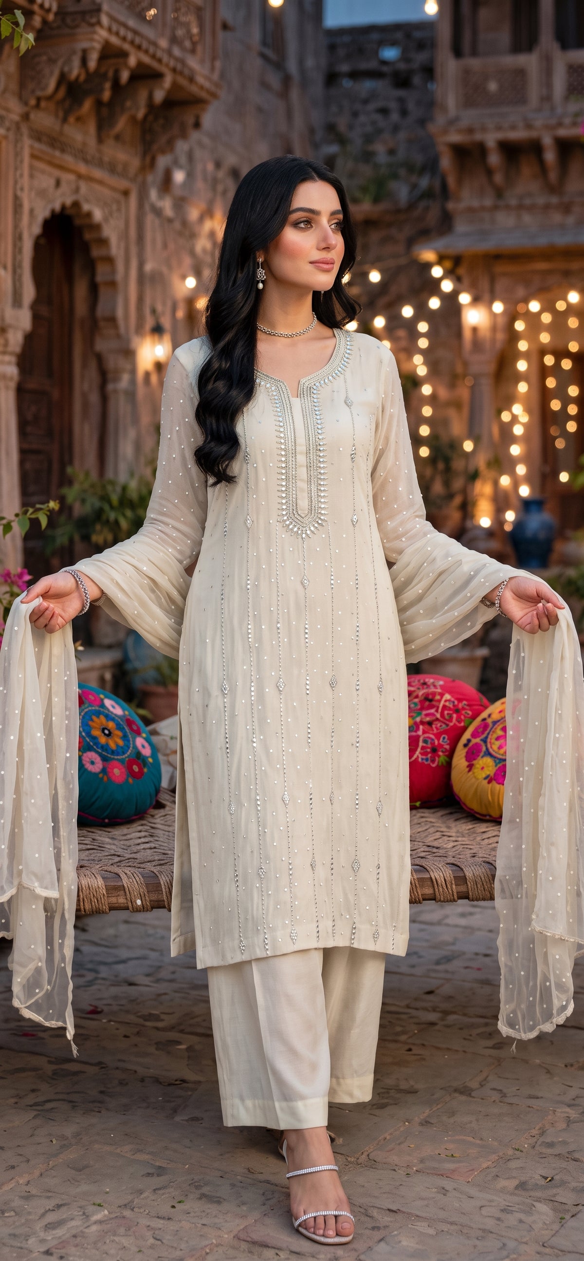 Off White - Kamdani Makesh Work - Soft Chiffon - 2-Piece Unstitched Suit