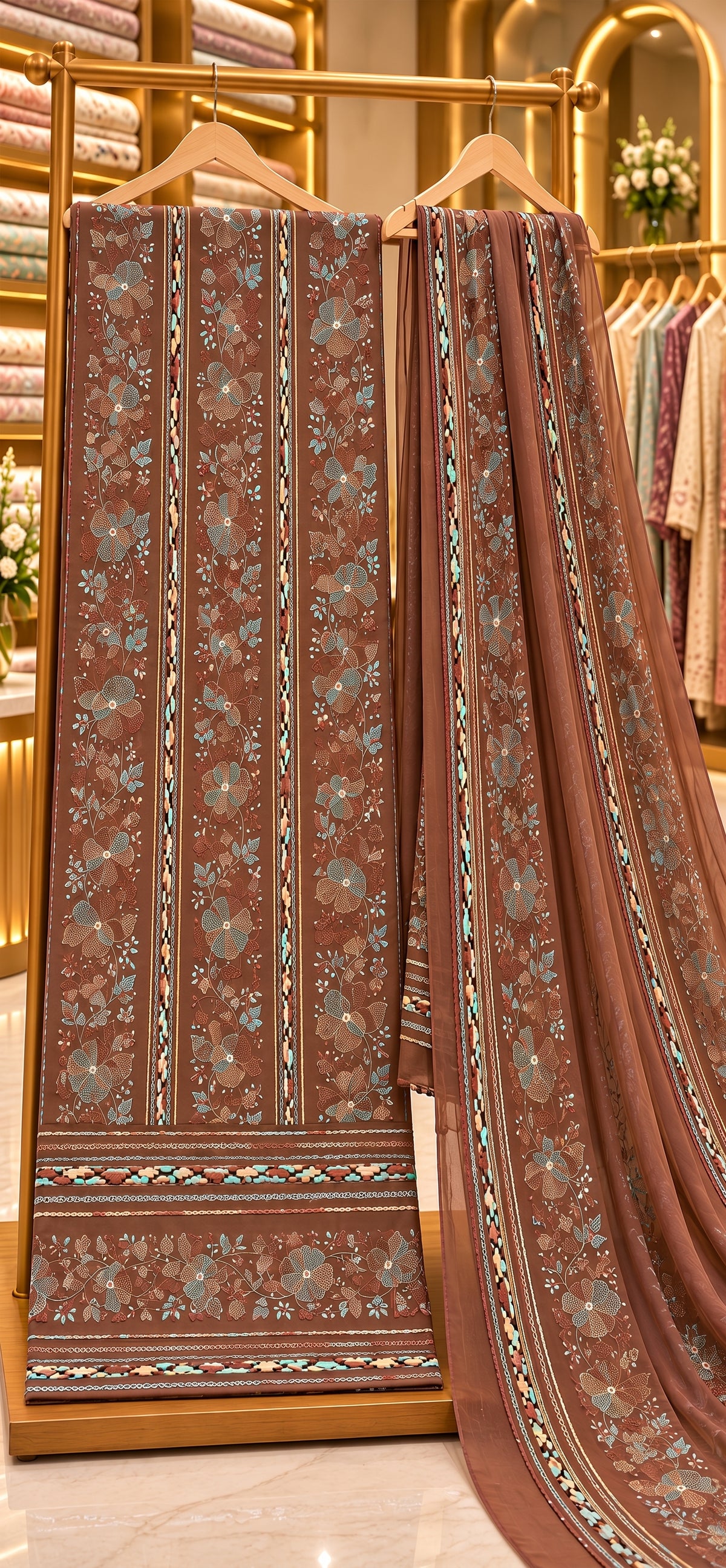 Mocha Brown - Tarkashi Gulistan - Embroidered 3-Piece Unstitched Chiffon Suit