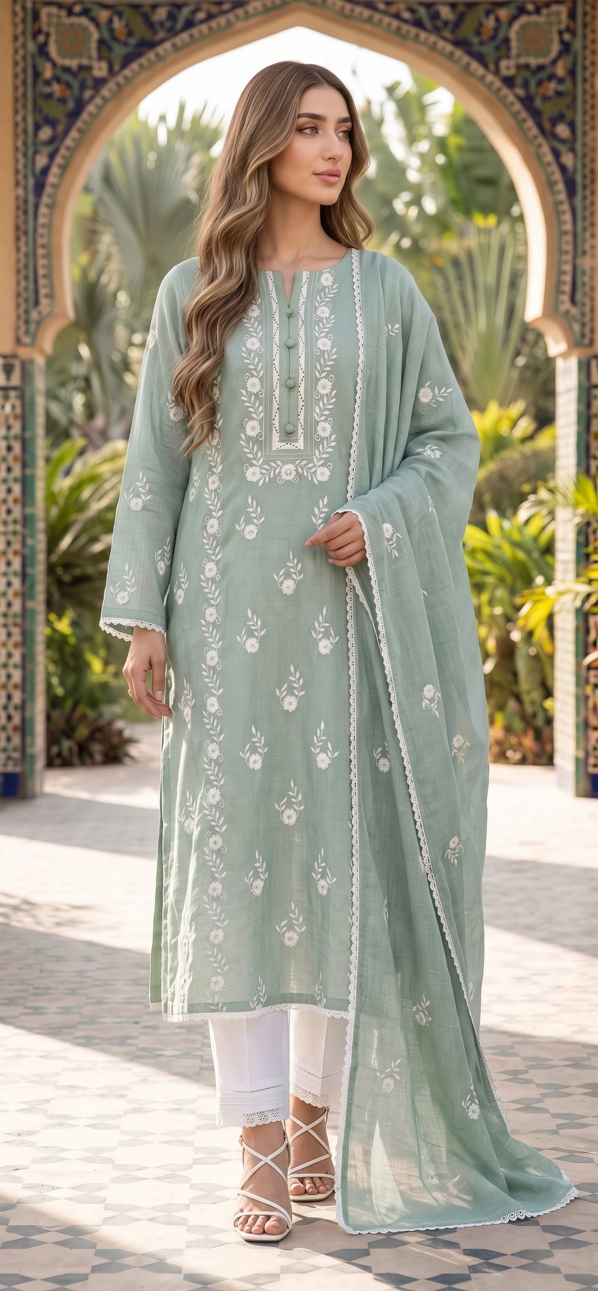 Sage Green Phulkari- Embroidered 3-Piece Unstitched Paper Cotton Suit