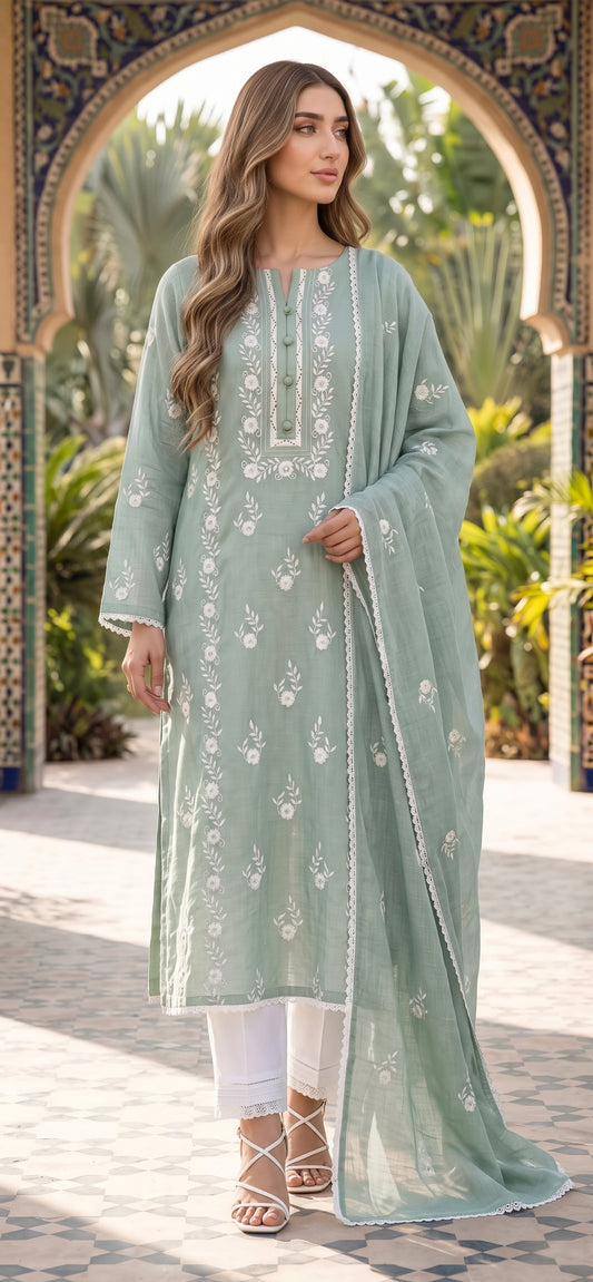 Sage Green Phulkari- Embroidered 3-Piece Unstitched Paper Cotton Suit