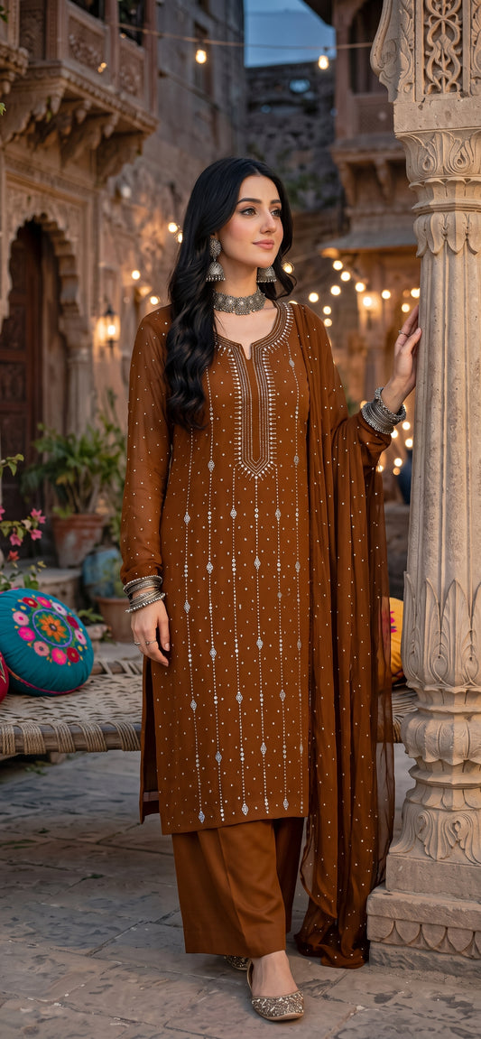 Rusty Brown - Kamdani Makesh Work - Soft Chiffon - 3-Piece Unstitched Suit