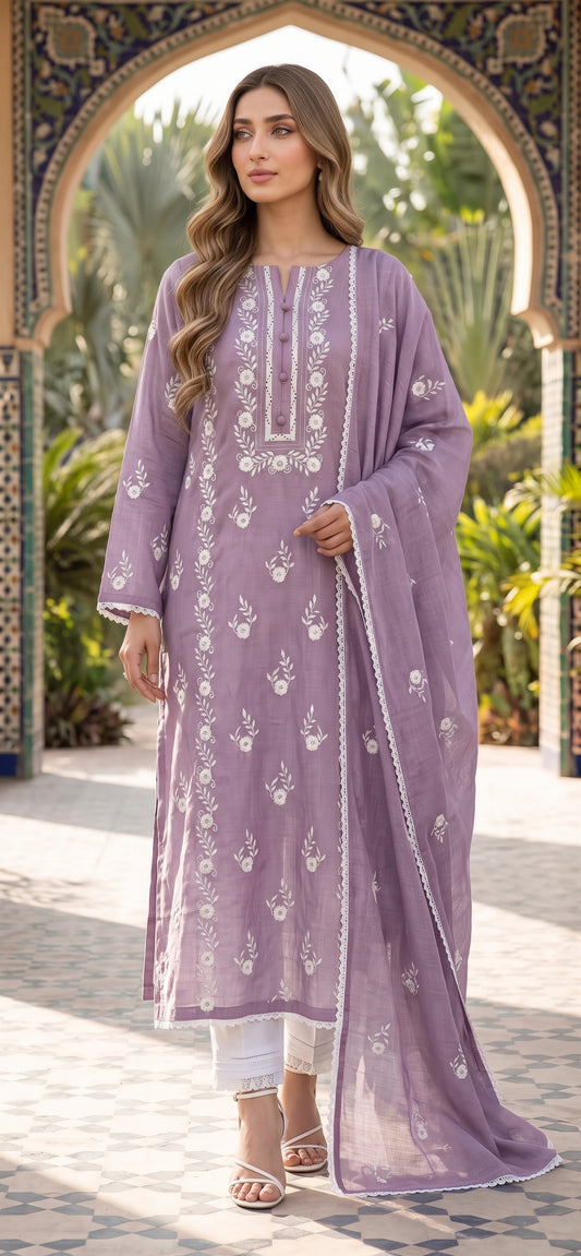 Purple Phulkari- Embroidered 3-Piece Unstitched Paper Cotton Suit