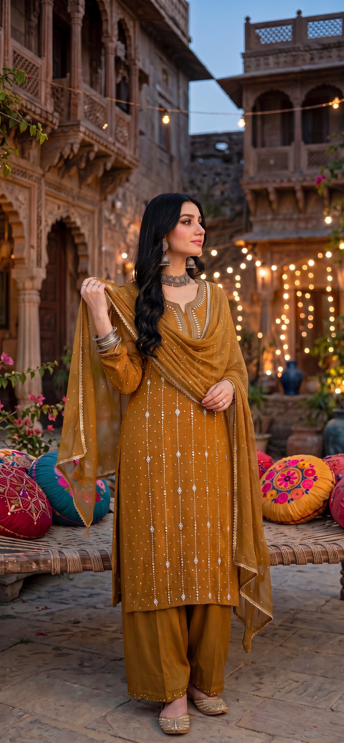 Mustard Yellow - Makesh Work - Soft Chiffon - 2-Piece Unstitched Suit
