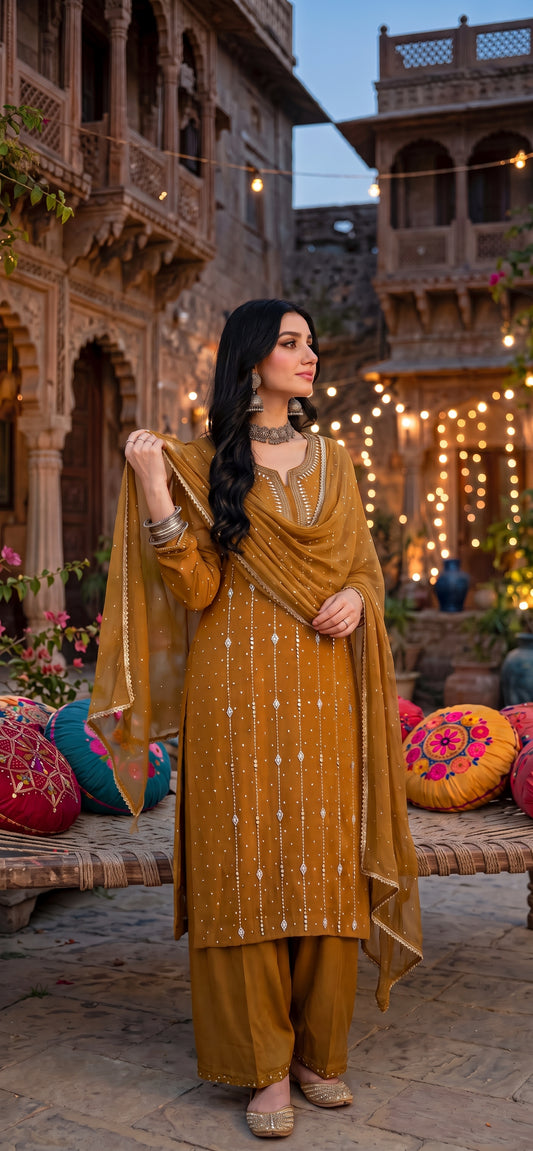 Mustard Yellow - Makesh Work - Soft Chiffon - 2-Piece Unstitched Suit