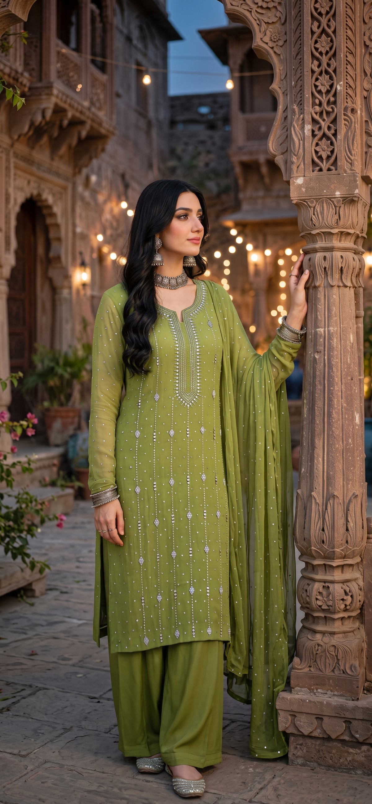 Green - Makesh Work - Soft Chiffon - 2-Piece Unstitched Suit