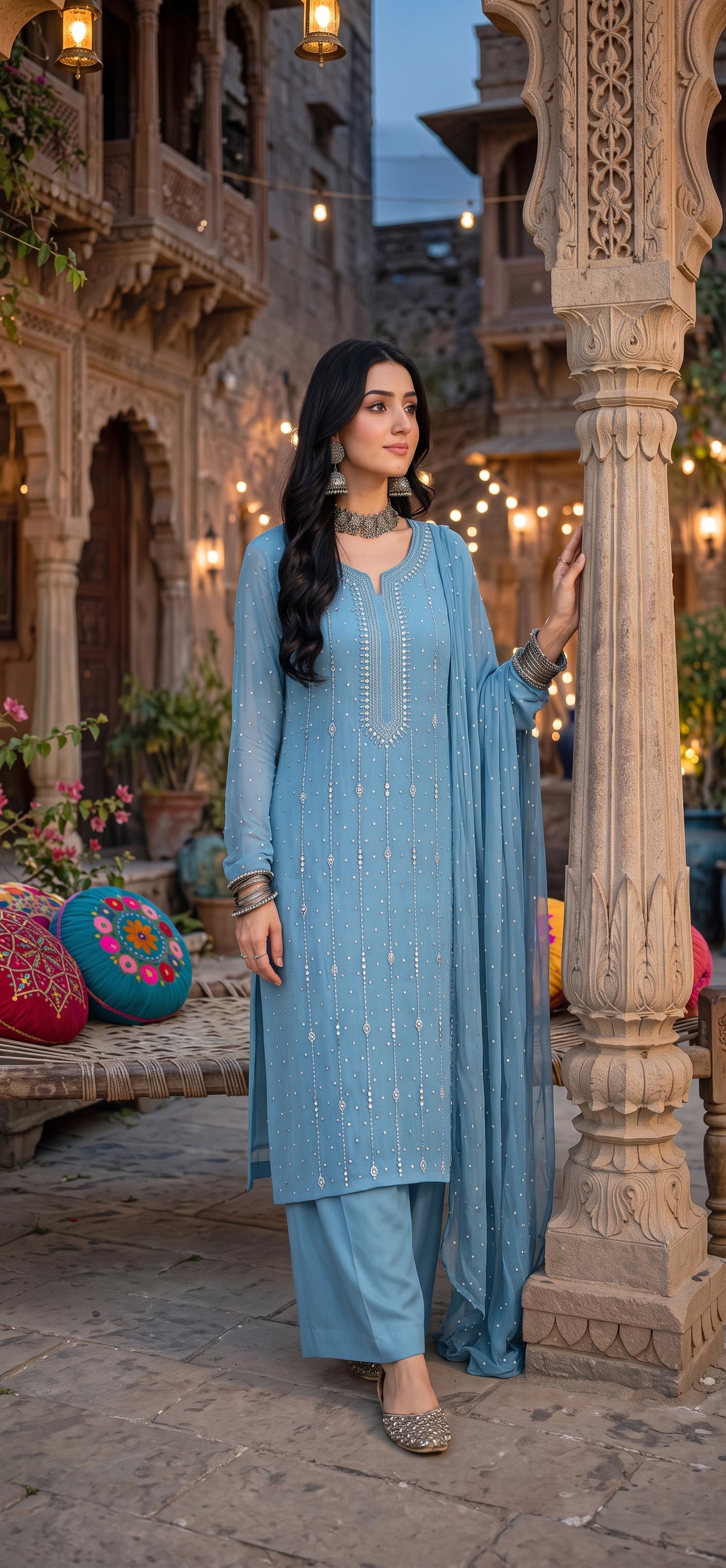Dusty Blue- Kamdani Makesh Work - Soft Chiffon - 3-Piece Unstitched Suit