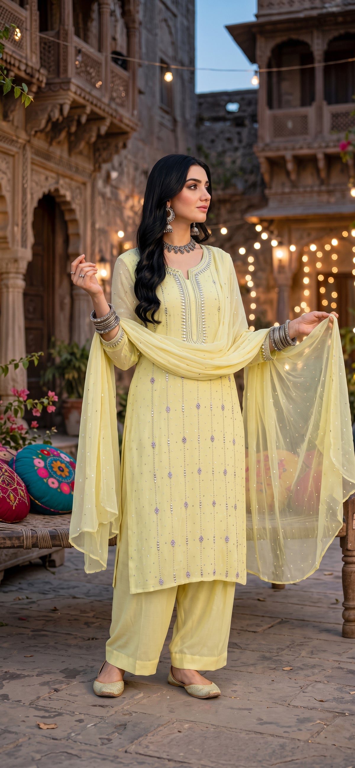 Butter Yellow - Makesh Work - Soft Chiffon - 2-Piece Unstitched Suit
