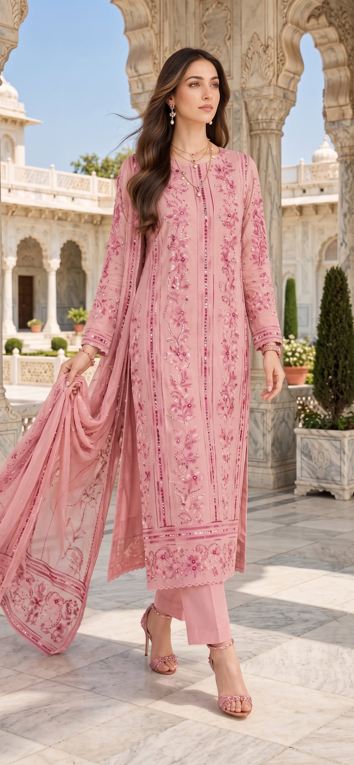 Pink - Tarkashi Gulistan - Embroidered 3-Piece Unstitched Chiffon Suit