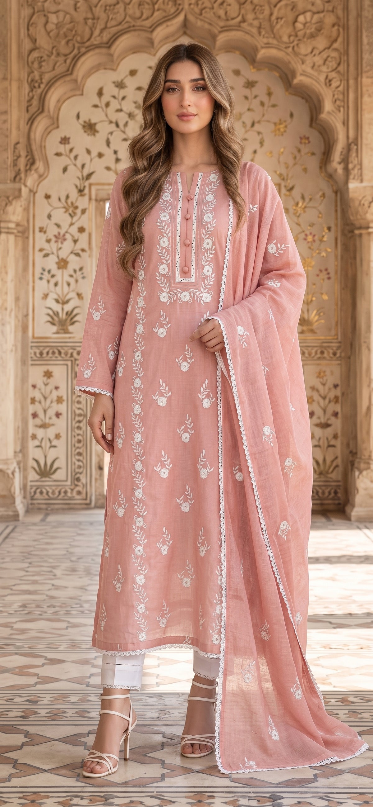 Pink Phulkari- Embroidered 3-Piece Unstitched Paper Cotton Suit