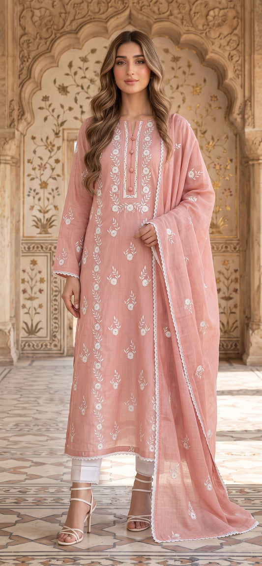 Pink Phulkari- Embroidered 3-Piece Unstitched Paper Cotton Suit
