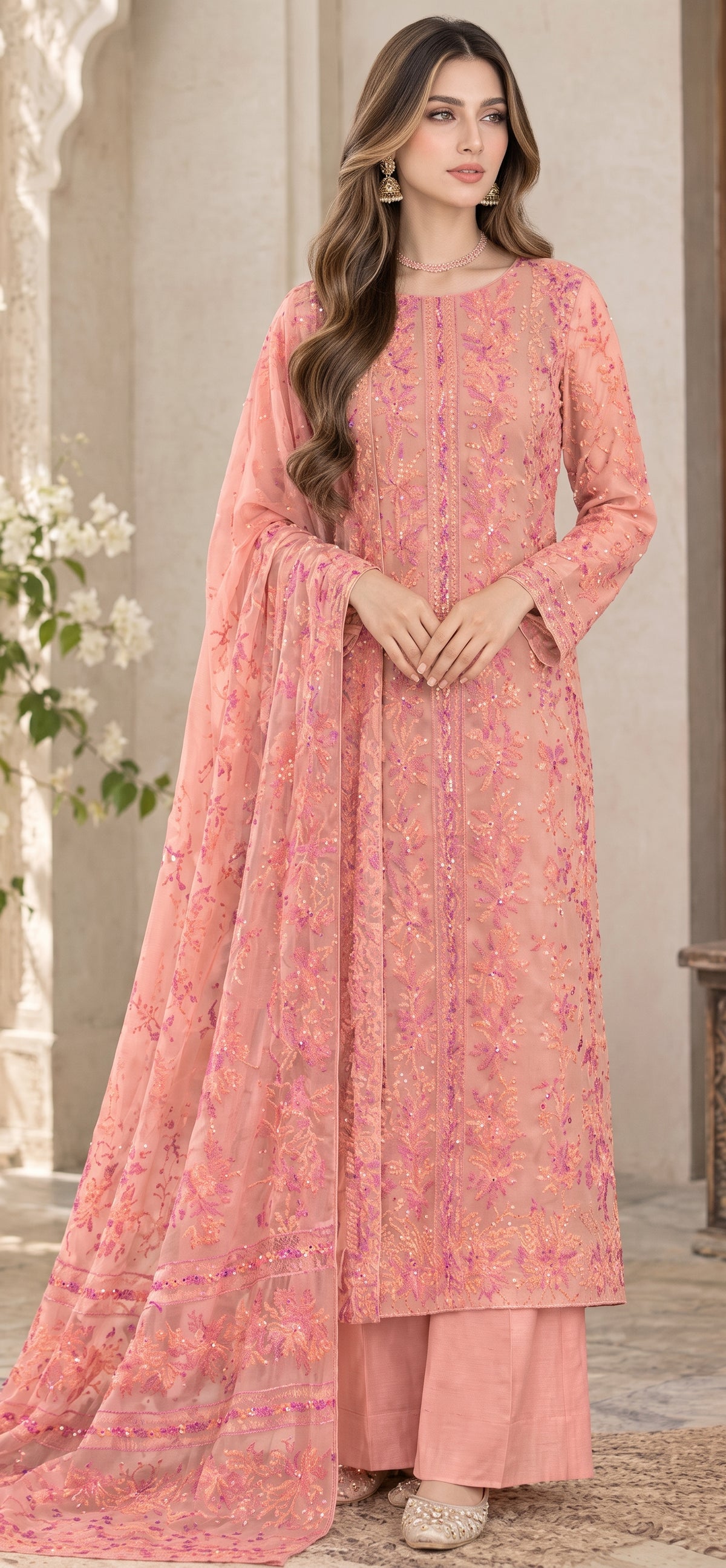 Dusty Peach - Tarkashi Gulistan - Embroidered 3-Piece Unstitched Chiffon Suit