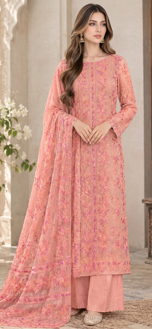 Dusty Peach - Tarkashi Gulistan - Embroidered 3-Piece Unstitched Chiffon Suit