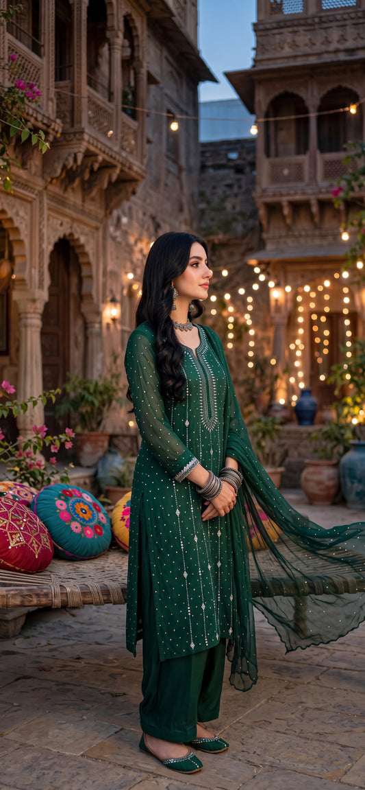 Emerald Green - Kamdani Makesh Work - Soft Chiffon - 2-Piece Unstitched Suit