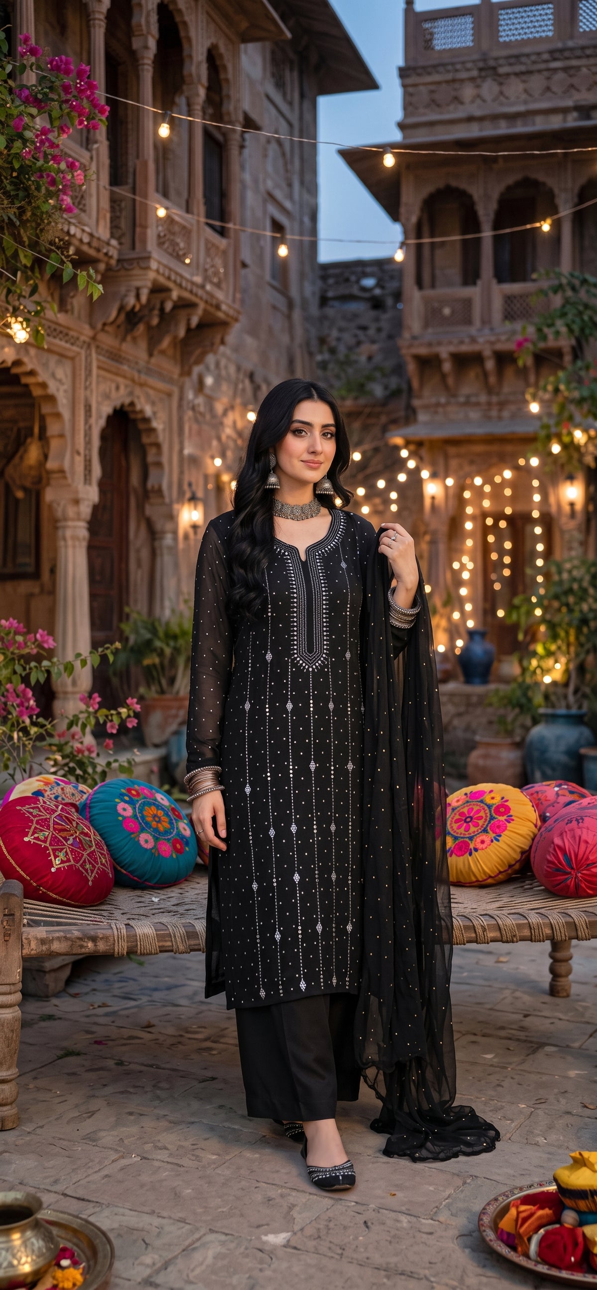 Black - Kamdani Makesh Work - Soft Chiffon - 2-Piece Unstitched Suit