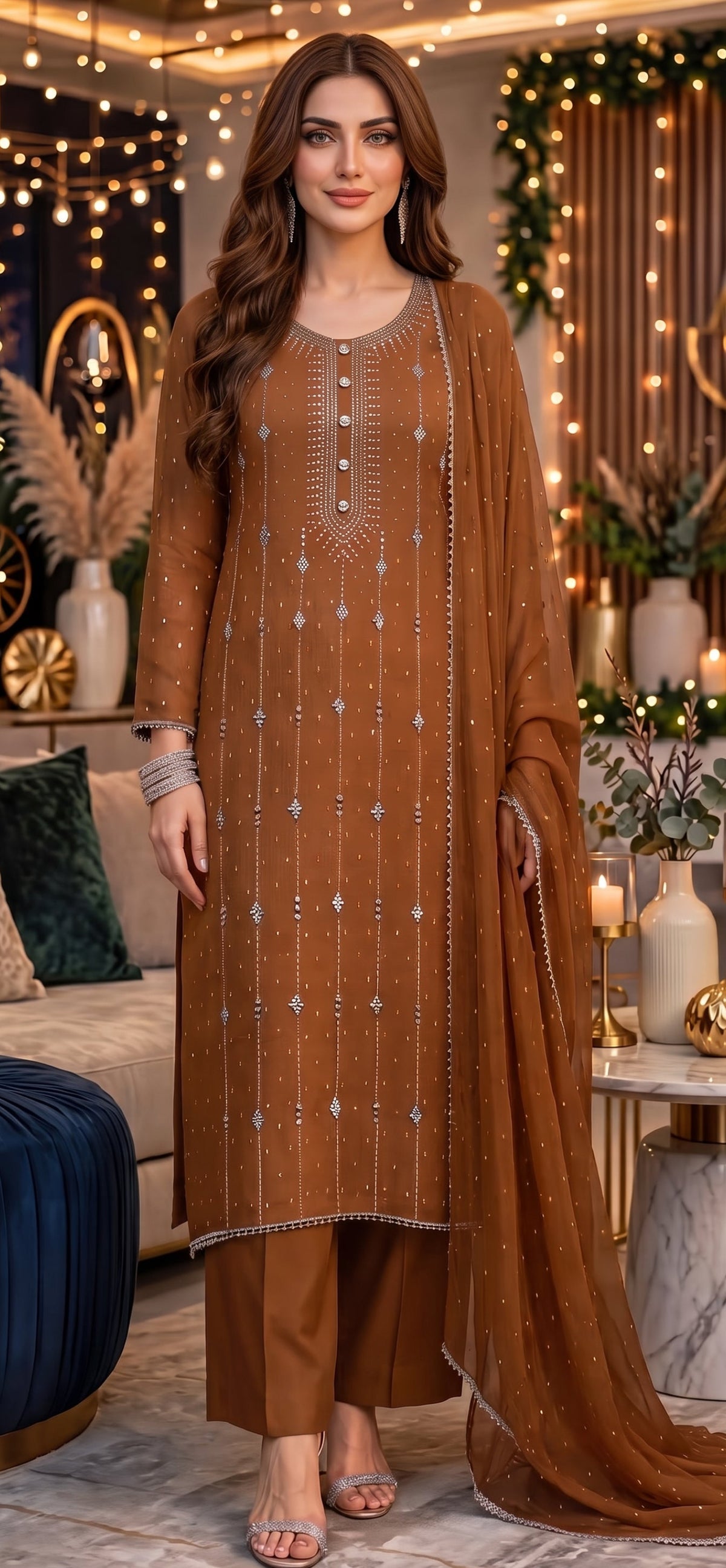 Rusty Brown - Kamdani Makesh Work - Soft Chiffon - 2-Piece Unstitched Suit