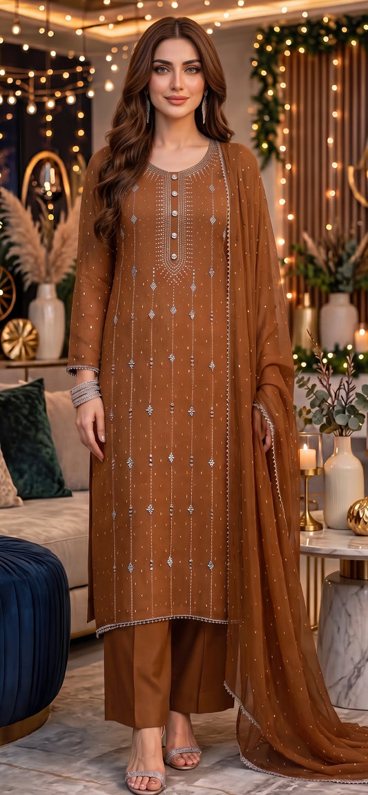 Rusty Brown - Kamdani Makesh Work - Soft Chiffon - 2-Piece Unstitched Suit