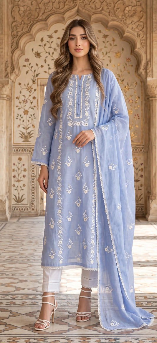 Blue Phulkari- Embroidered 3-Piece Unstitched Paper Cotton Suit
