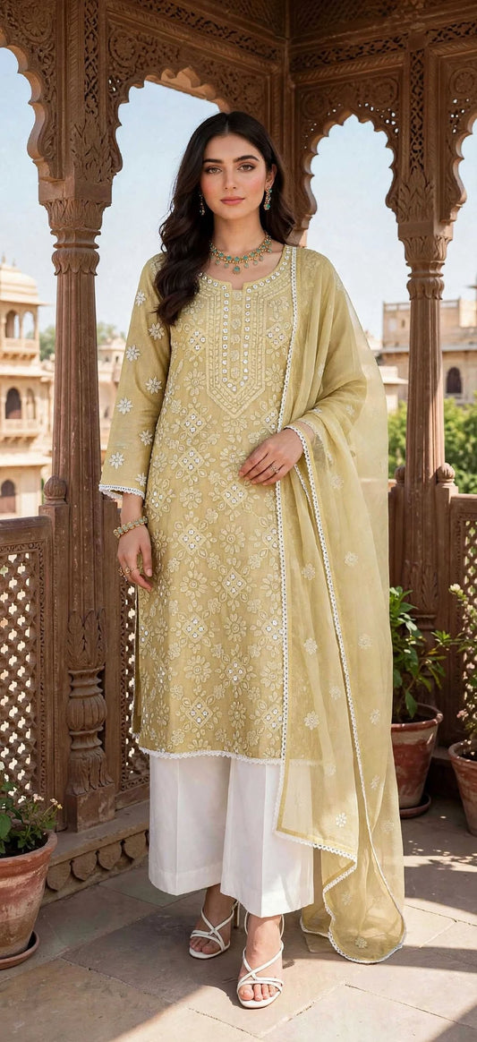 Butter Yellow - Gul e Aina - Hand Embroidered - 2 Piece - Unstitched - Paper Cotton Suit