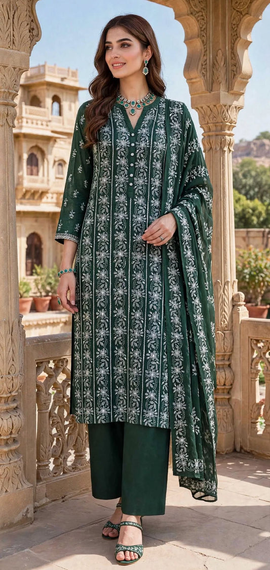 White on Green - Tarkashi Gulistan - Embroidered Chiffon Suit
