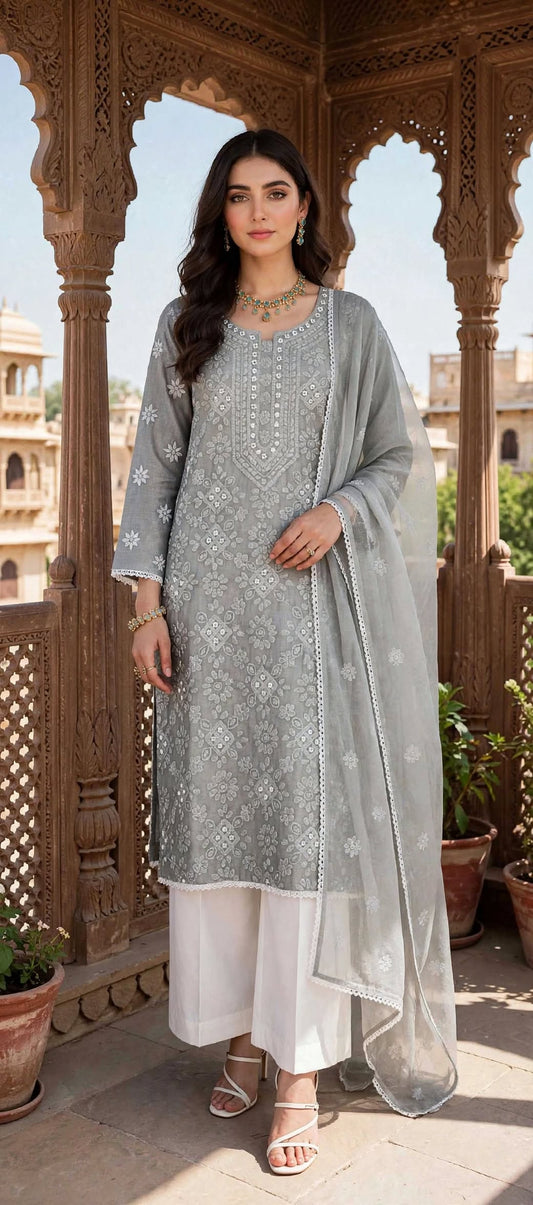 Ash Grey - Gul e Aina - Hand Embroidered - 2 Piece - Unstitched - Paper Cotton Suit