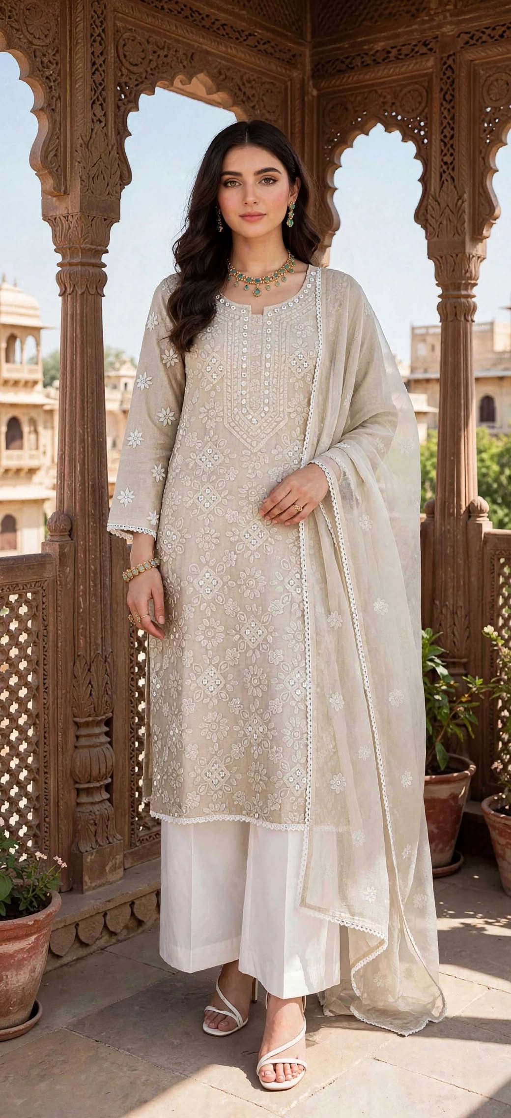 Beige - Gul e Aina - Hand Embroidered - 2 Piece - Unstitched - Paper Cotton Suit
