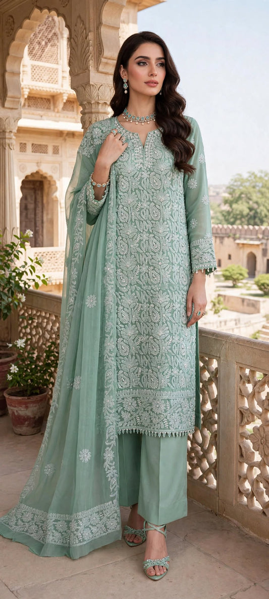 Mint Green - Motiya - Hand Embroidered - 3 Piece - Unstitched - Chiffon Suit