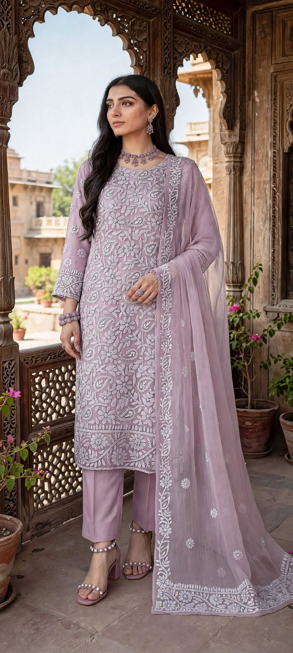 Lilac - Motiya - Hand Embroidered - 3 Piece - Unstitched - Chiffon Suit