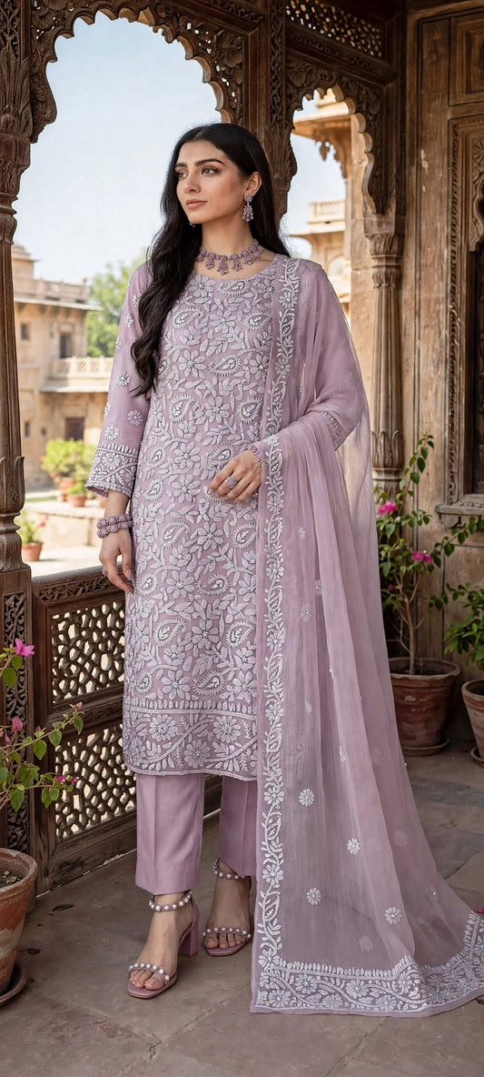 Lilac - Motiya - Hand Embroidered - 3 Piece - Unstitched - Chiffon Suit