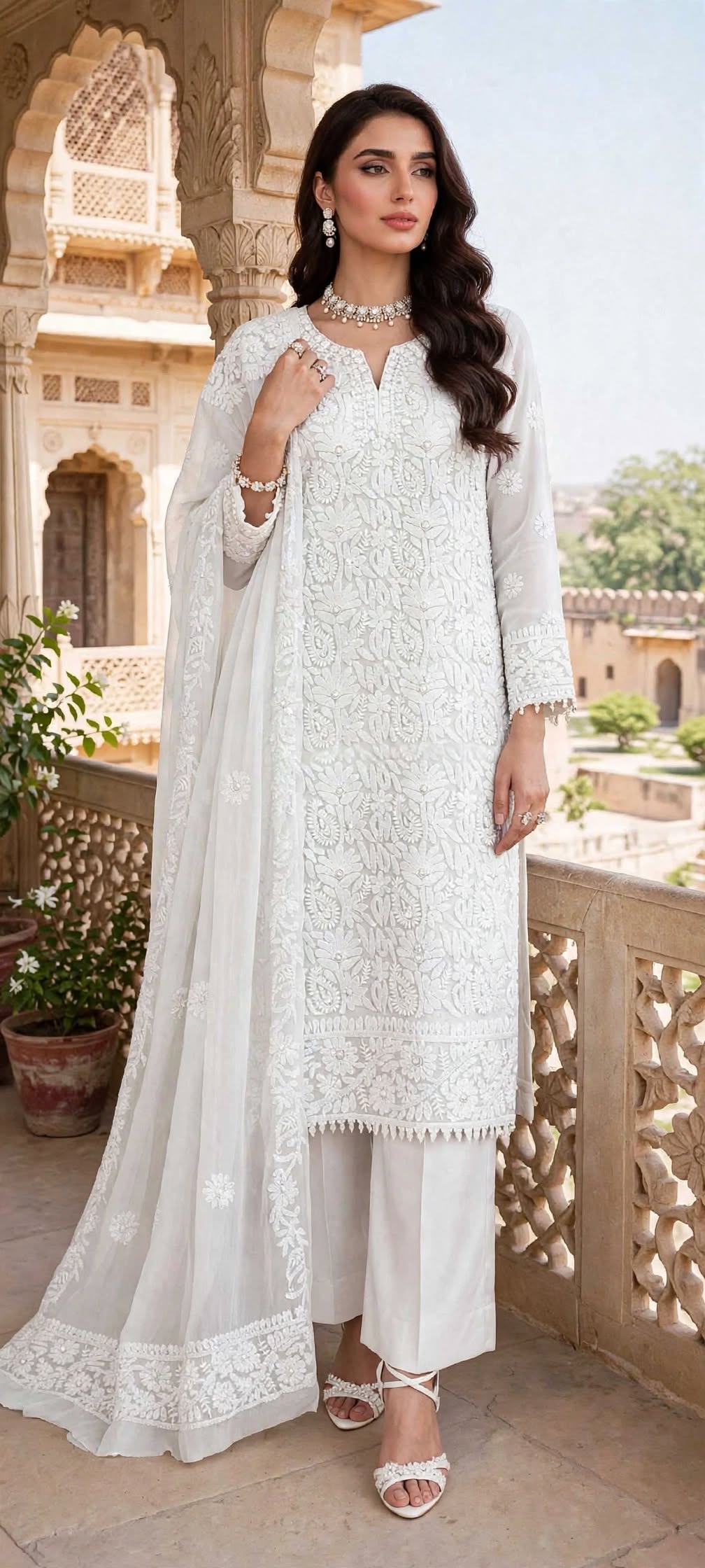 Pearl White - Motiya - Hand Embroidered - 3 Piece - Unstitched - Chiffon Suit