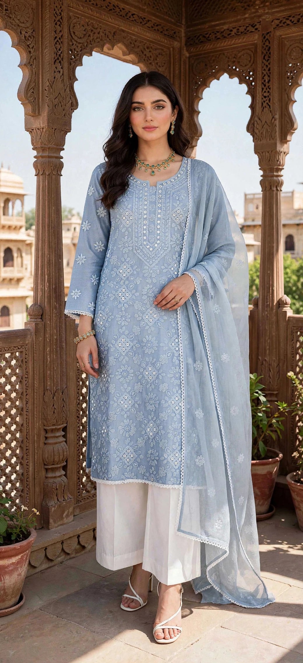 Powder Blue - Gul e Aina - Hand Embroidered - 3 Piece - Unstitched - Paper Cotton Suit